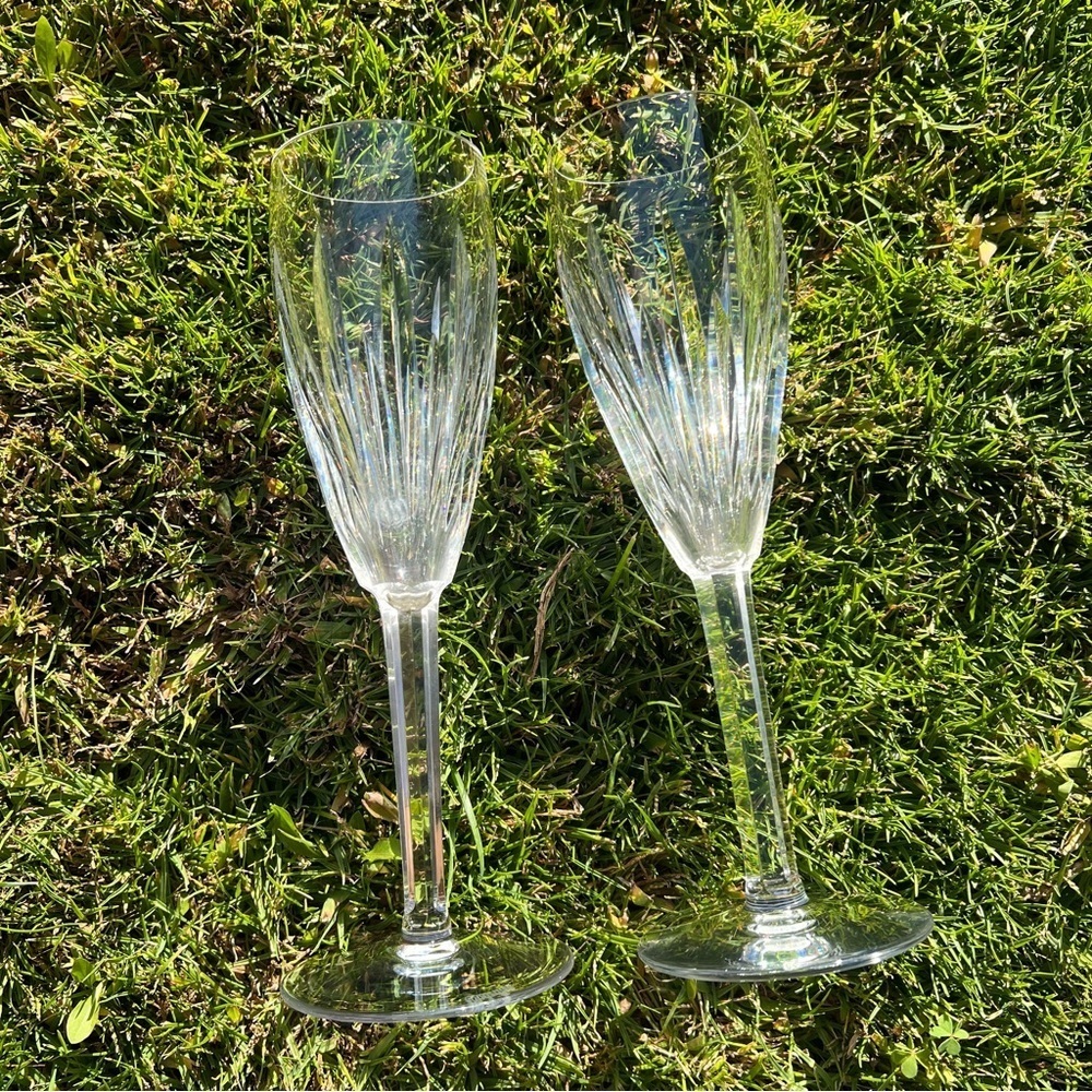 Waterford Crystal Carina Flute Champagne Glasses‎ Vertical Cut 2-Piece Set 8.5”